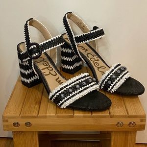 Sam Edelman Olisa Black White Rafia Heeled Sandals
